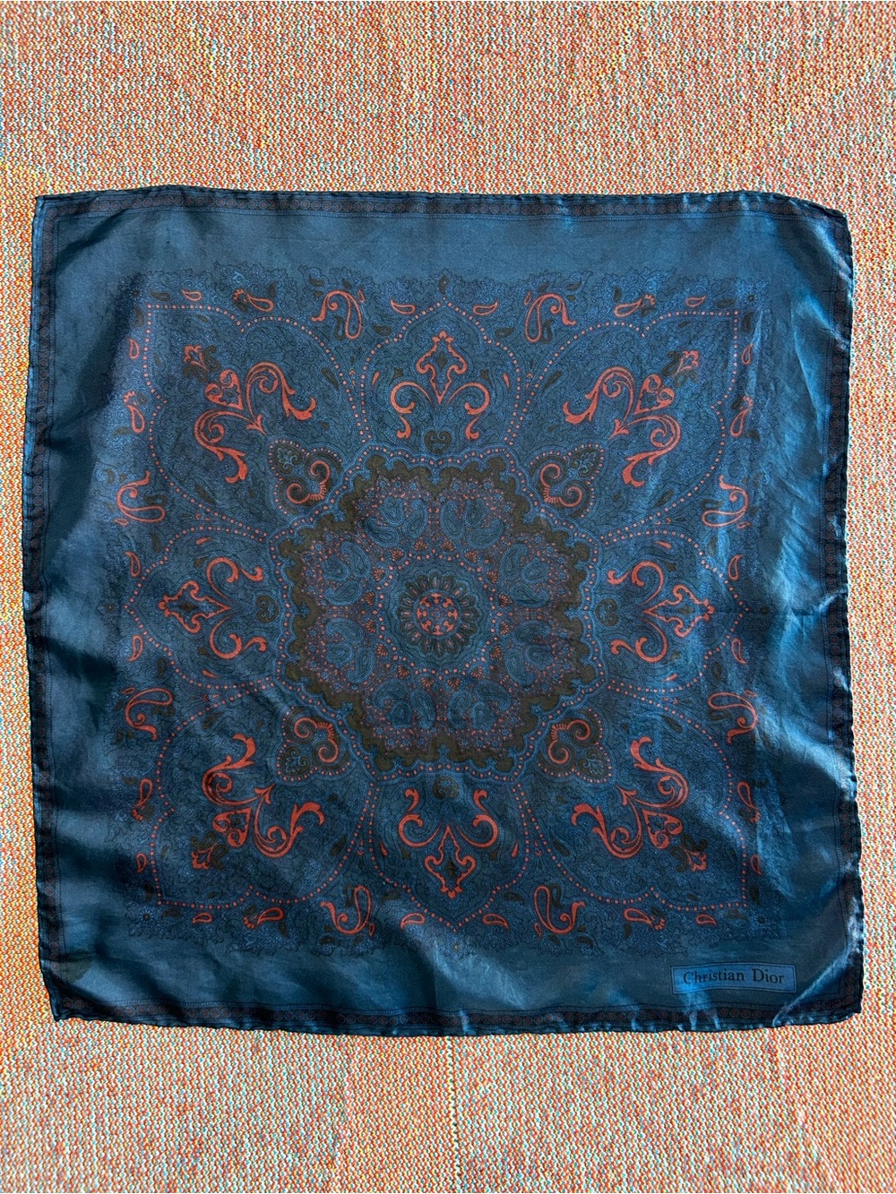 Vintage Christian Dior 100% Silk Paisley Scarf Navy Red Made in Italy